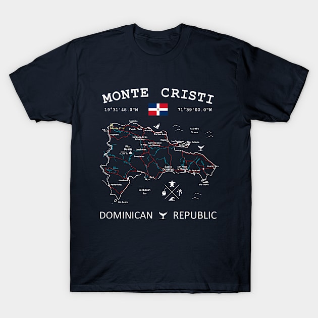 Monte Cristi Dominican Republic Flag Travel Map Coordinates GPS T-Shirt by French Salsa